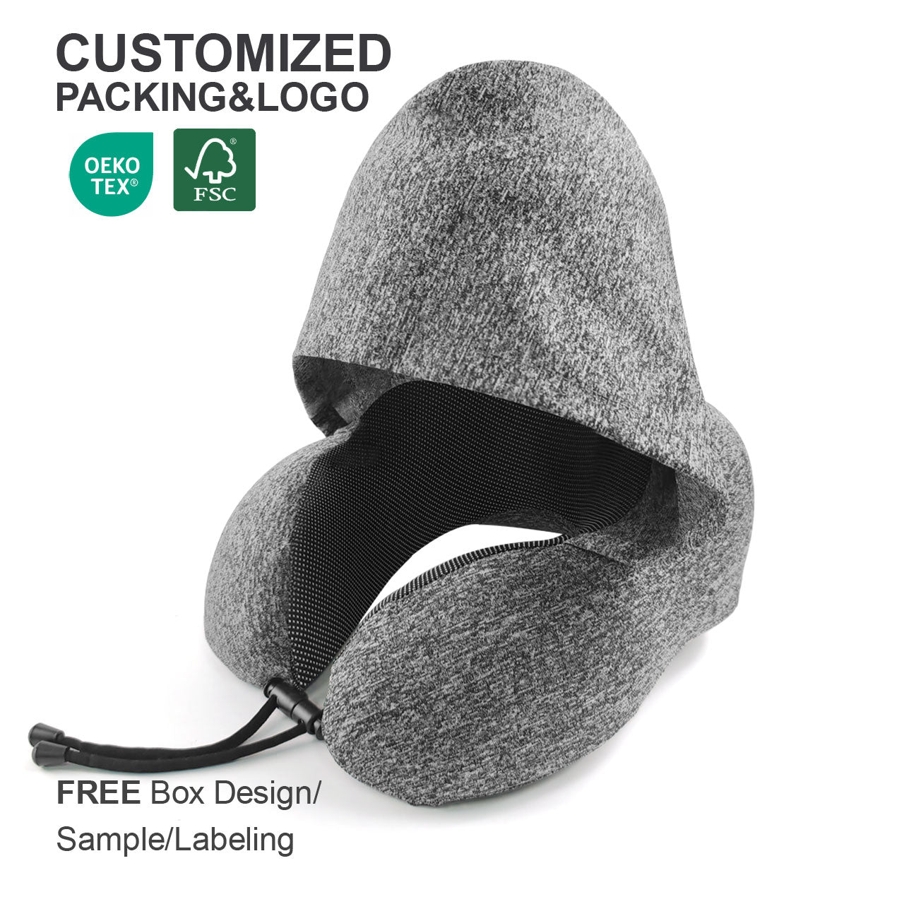 Customized Memory Foam Supportive Foldable Flight Neck Stress Fit U Shape With Hoodie Travel Wrap Pillow With Logo for Airplane