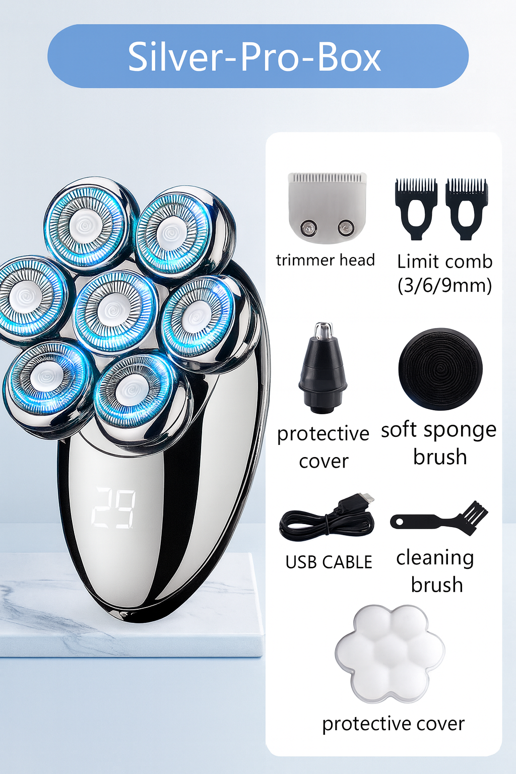(Silver-Pro-Box) Men 7D Floating Men Electric Shaver Wet Dry Beard Hair Trimmer Electric Razor Rechargeable Bald Head Shaving Machine LCD Display