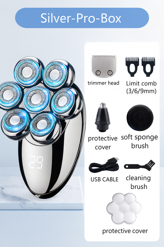 (Silver-Pro-Box) Men 7D Floating Men Electric Shaver Wet Dry Beard Hair Trimmer Electric Razor Rechargeable Bald Head Shaving Machine LCD Display