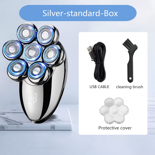 (Silver-standard-Box) Men 7D Floating Men Electric Shaver Wet Dry Beard Hair Trimmer Electric Razor Rechargeable Bald Head Shaving Machine LCD Display