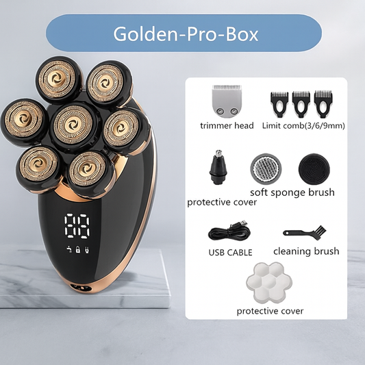 Golden-Pro-Box - Men 7D Floating Men Electric Shaver Wet Dry Beard Hair Trimmer Electric Razor Rechargeable Bald Head Shaving Machine LCD Display