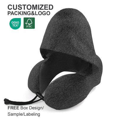 Customized Memory Foam Supportive Foldable Flight Neck Stress Fit U Shape With Hoodie Travel Wrap Pillow With Logo for Airplane