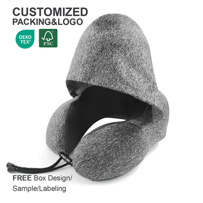 Customized Memory Foam Supportive Foldable Flight Neck Stress Fit U Shape With Hoodie Travel Wrap Pillow With Logo for Airplane