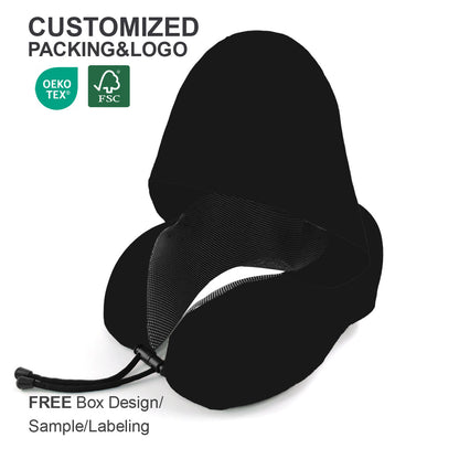 Customized Memory Foam Supportive Foldable Flight Neck Stress Fit U Shape With Hoodie Travel Wrap Pillow With Logo for Airplane
