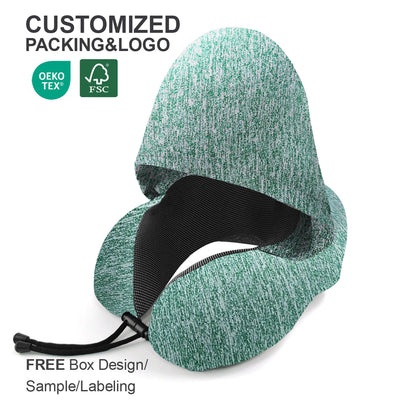 Customized Memory Foam Supportive Foldable Flight Neck Stress Fit U Shape With Hoodie Travel Wrap Pillow With Logo for Airplane