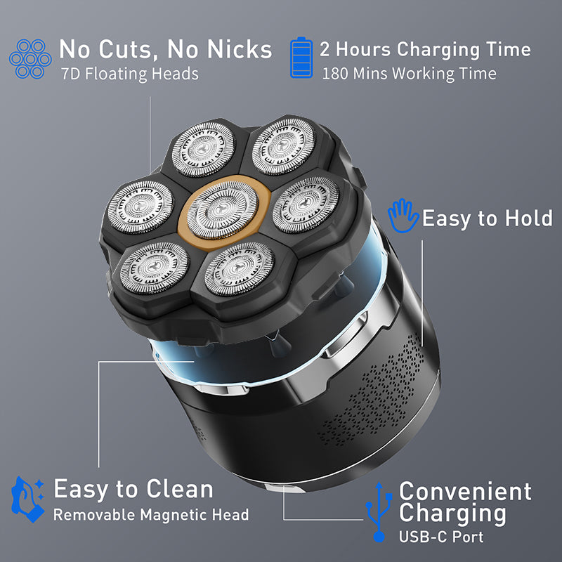 Komingdon Bald Head Shaver for Men 7d Magnetic Blade Razor Waterproof Facial Rotary Wet Dry Shaving Rechargeable Electric Shaver