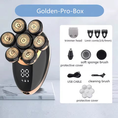 Golden-Pro-Box - Men 7D Floating Men Electric Shaver Wet Dry Beard Hair Trimmer Electric Razor Rechargeable Bald Head Shaving Machine LCD Display