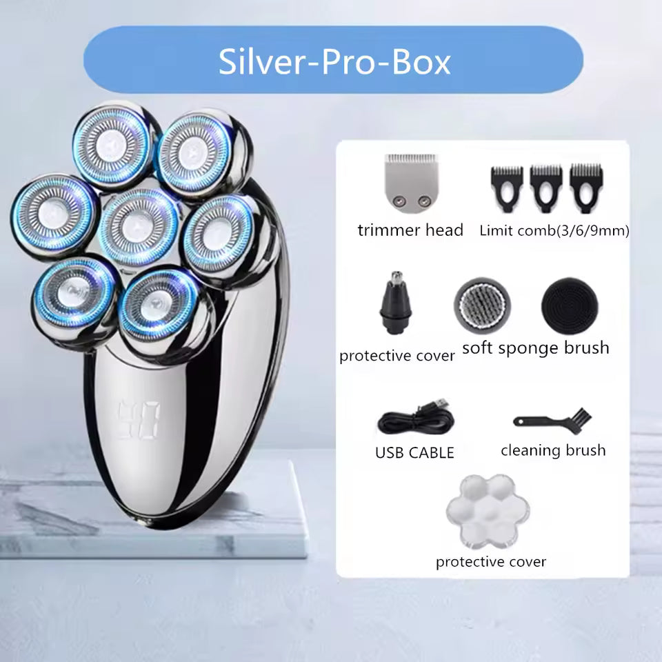 (Silver-Pro-Box) Men 7D Floating Men Electric Shaver Wet Dry Beard Hair Trimmer Electric Razor Rechargeable Bald Head Shaving Machine LCD Display
