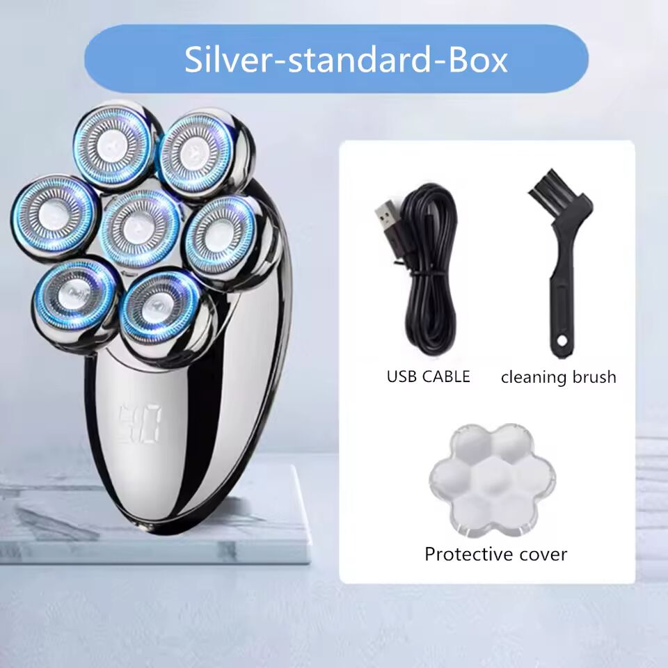(Silver-standard-Box) Men 7D Floating Men Electric Shaver Wet Dry Beard Hair Trimmer Electric Razor Rechargeable Bald Head Shaving Machine LCD Display